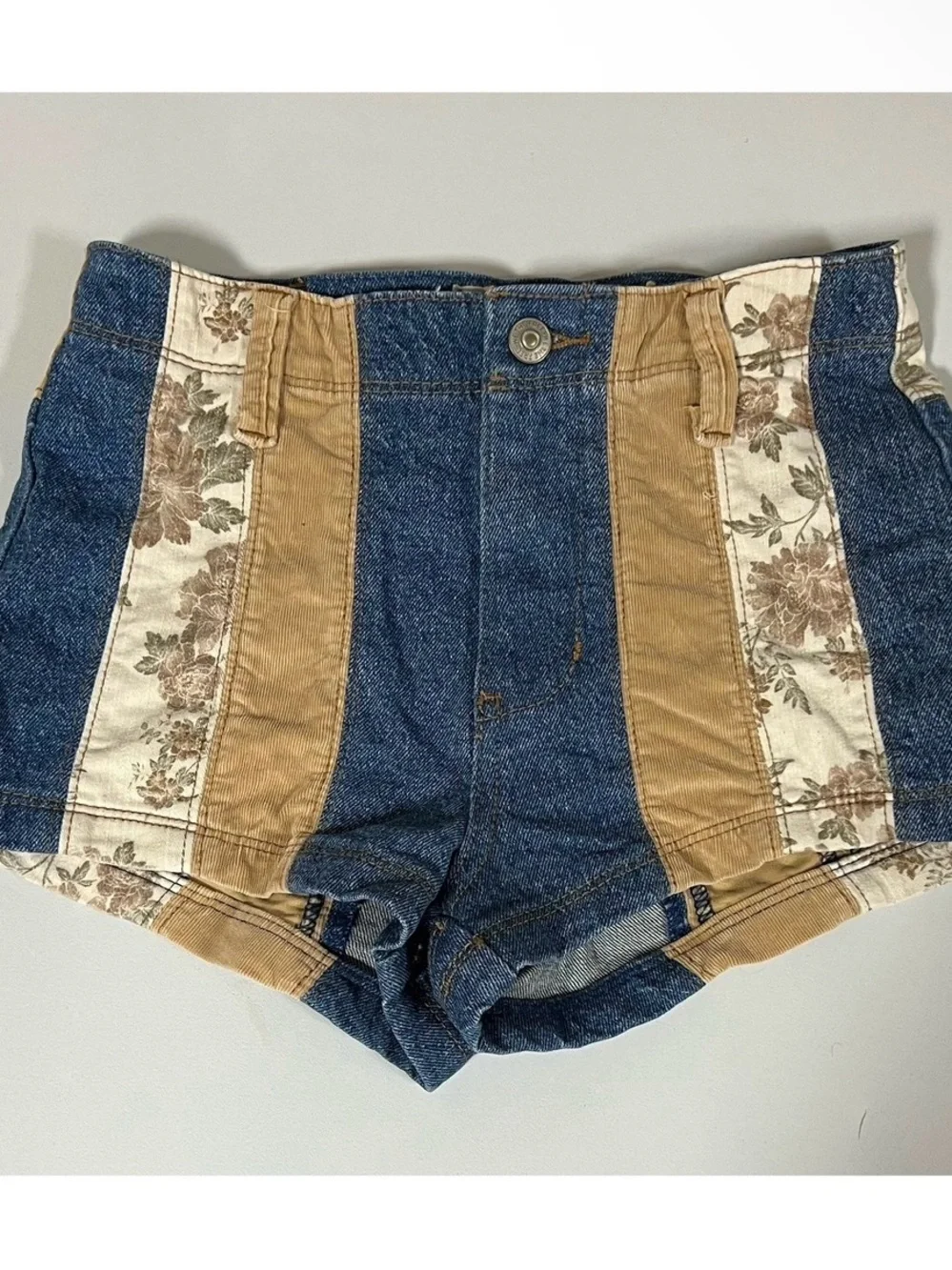 Free People Blue Tan Beige Floral Corduroy Jean Denim Shorts Bottoms Size 24 🤎✨